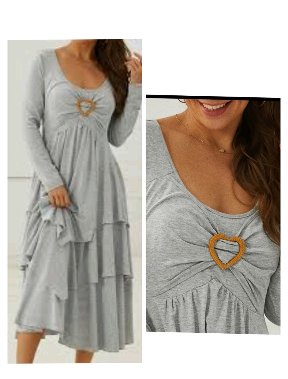 5846)Noracora Boho Full Size Heart-Decor Fairycore Gray Layered Jersey Dress XXL